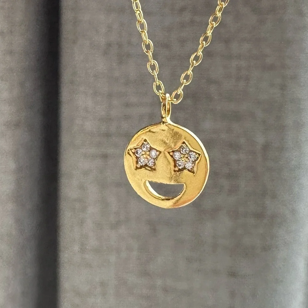 14K Gold Vermeil Star Eyes Smiley Emoji CZ Pendant Necklace